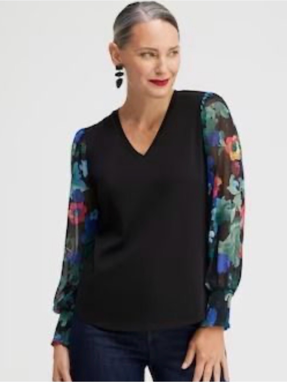 Chico's Black V-Neck Top with Multicolor Floral Sheer Sleeves XL